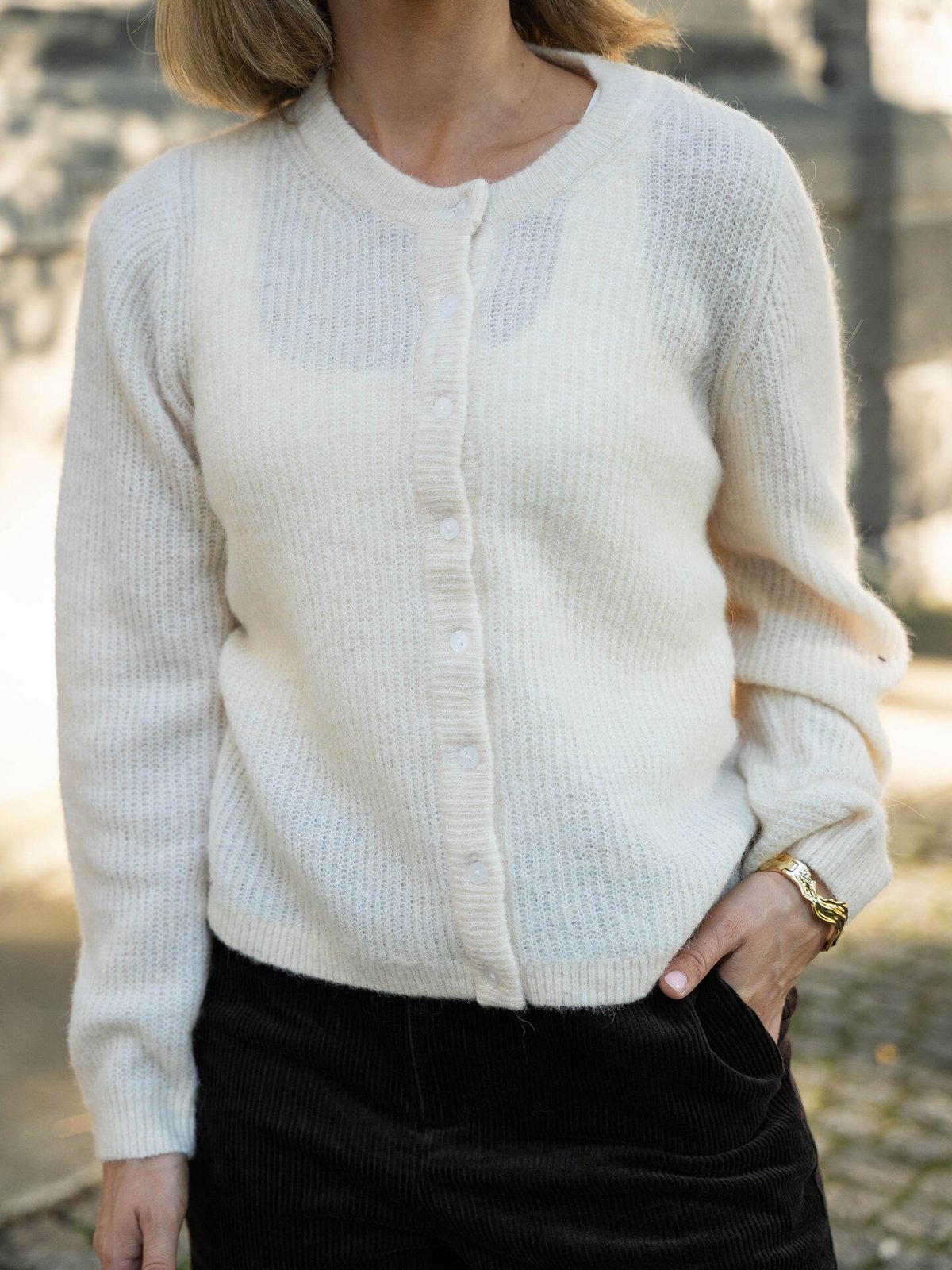 Vila Lory O-Neck Long Sleeve Knit Cardigan Sandshell Melange