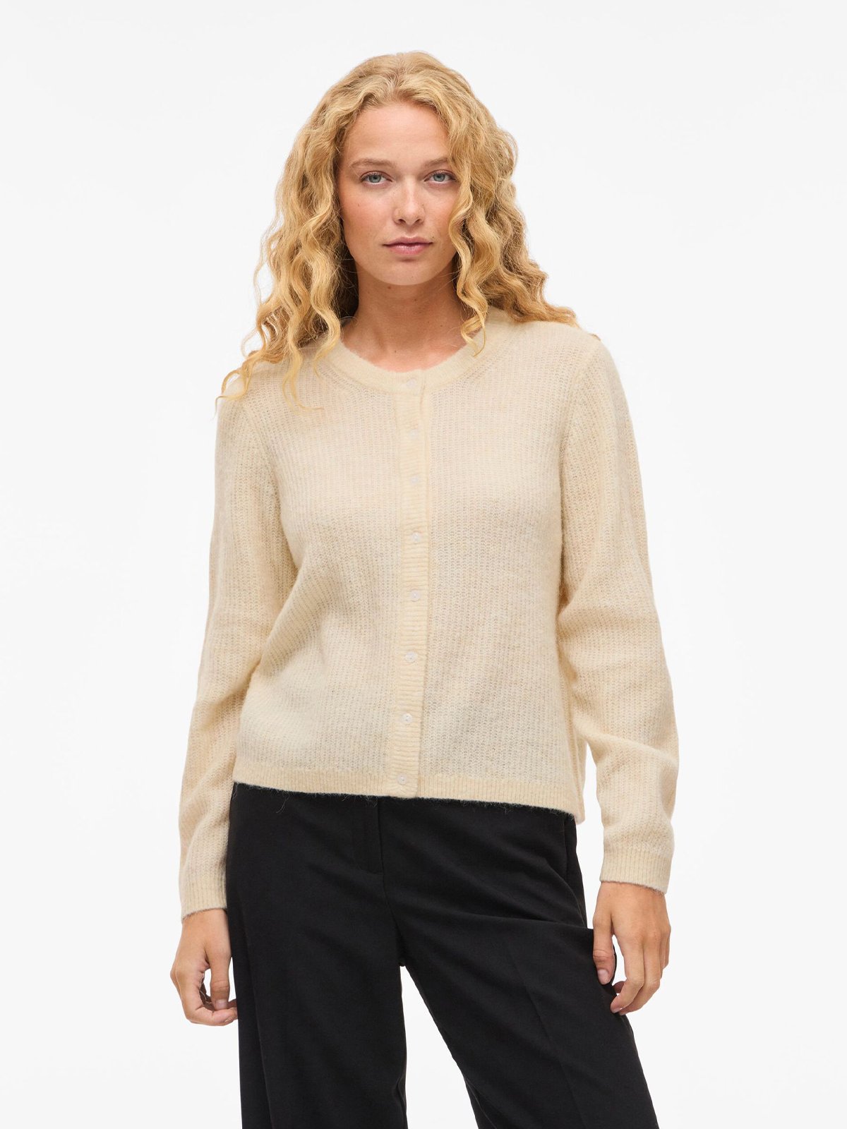 Vila Lory O-Neck Long Sleeve Knit Cardigan Sandshell Melange