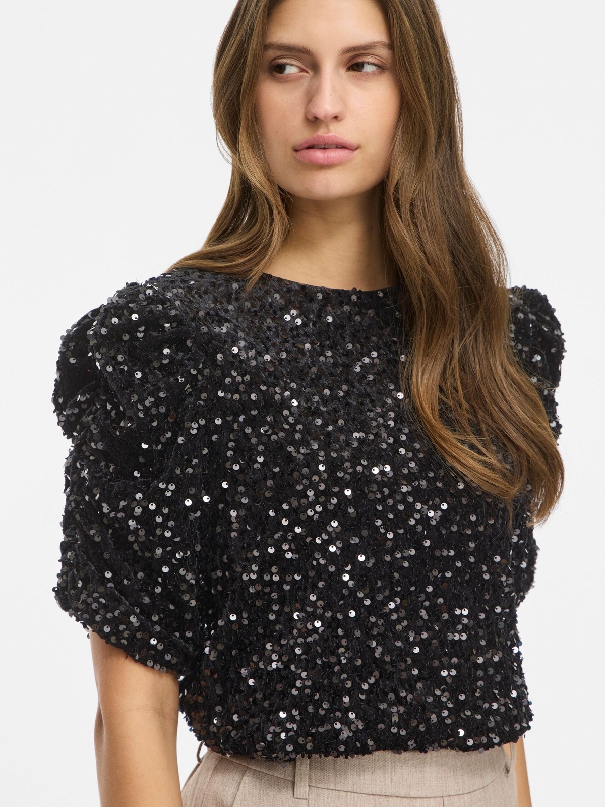 Vila Believe O-Neck Puff Sequins Top Black