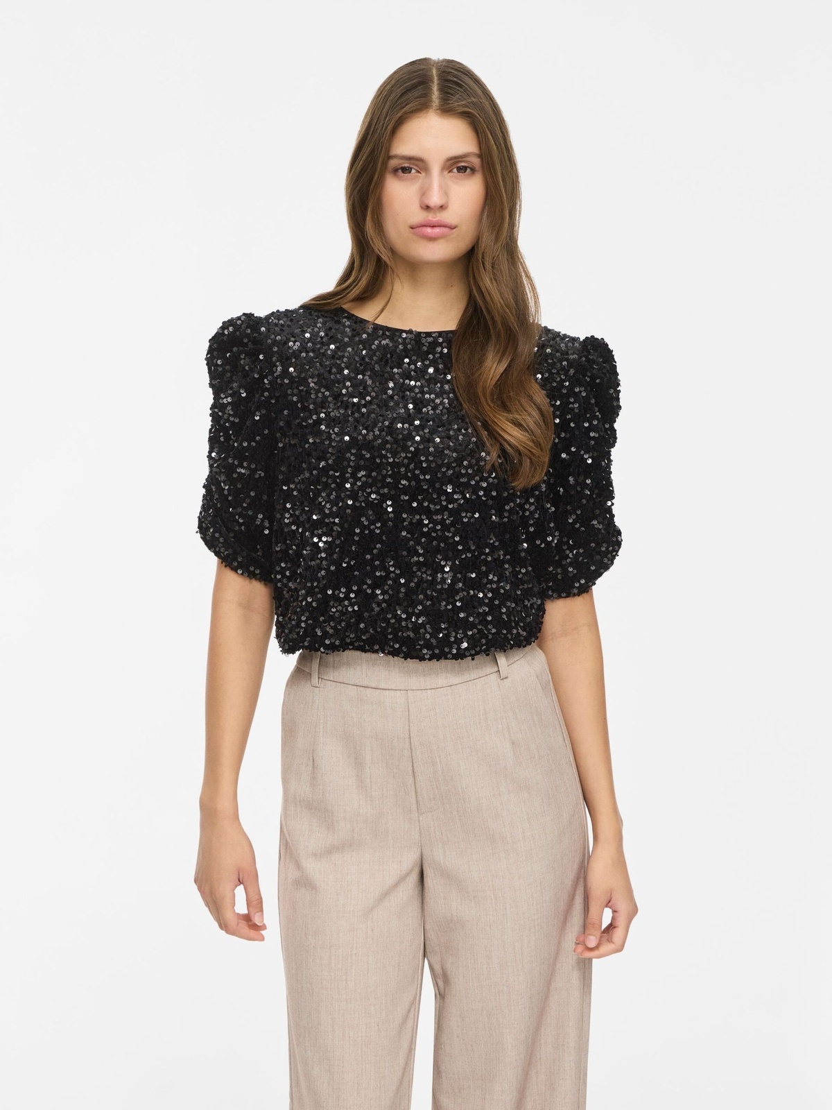 Vila Believe O-Neck Puff Sequins Top Black