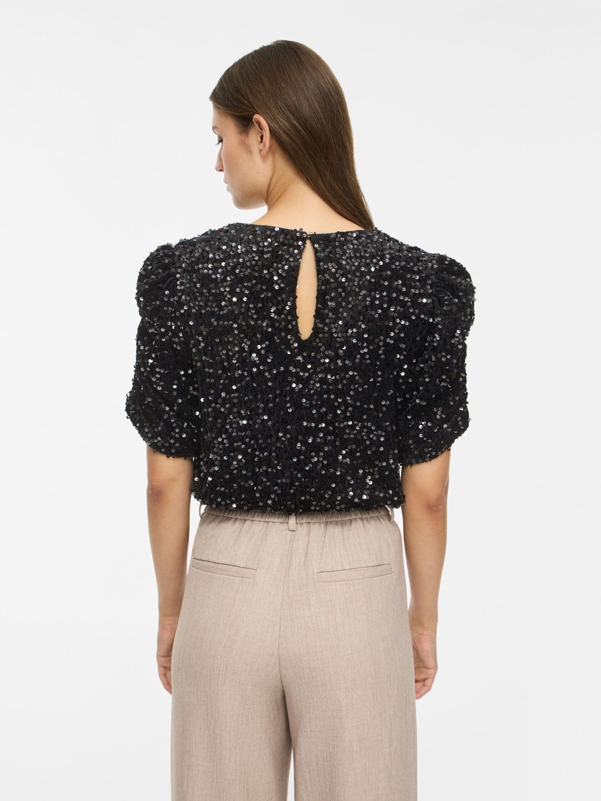 Vila Believe O-Neck Puff Sequins Top Black