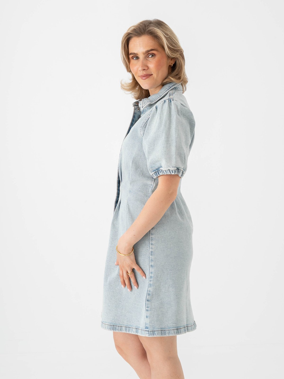 Vila Sol Long Sleeve Pleat Denim Dress Light Blue Denim