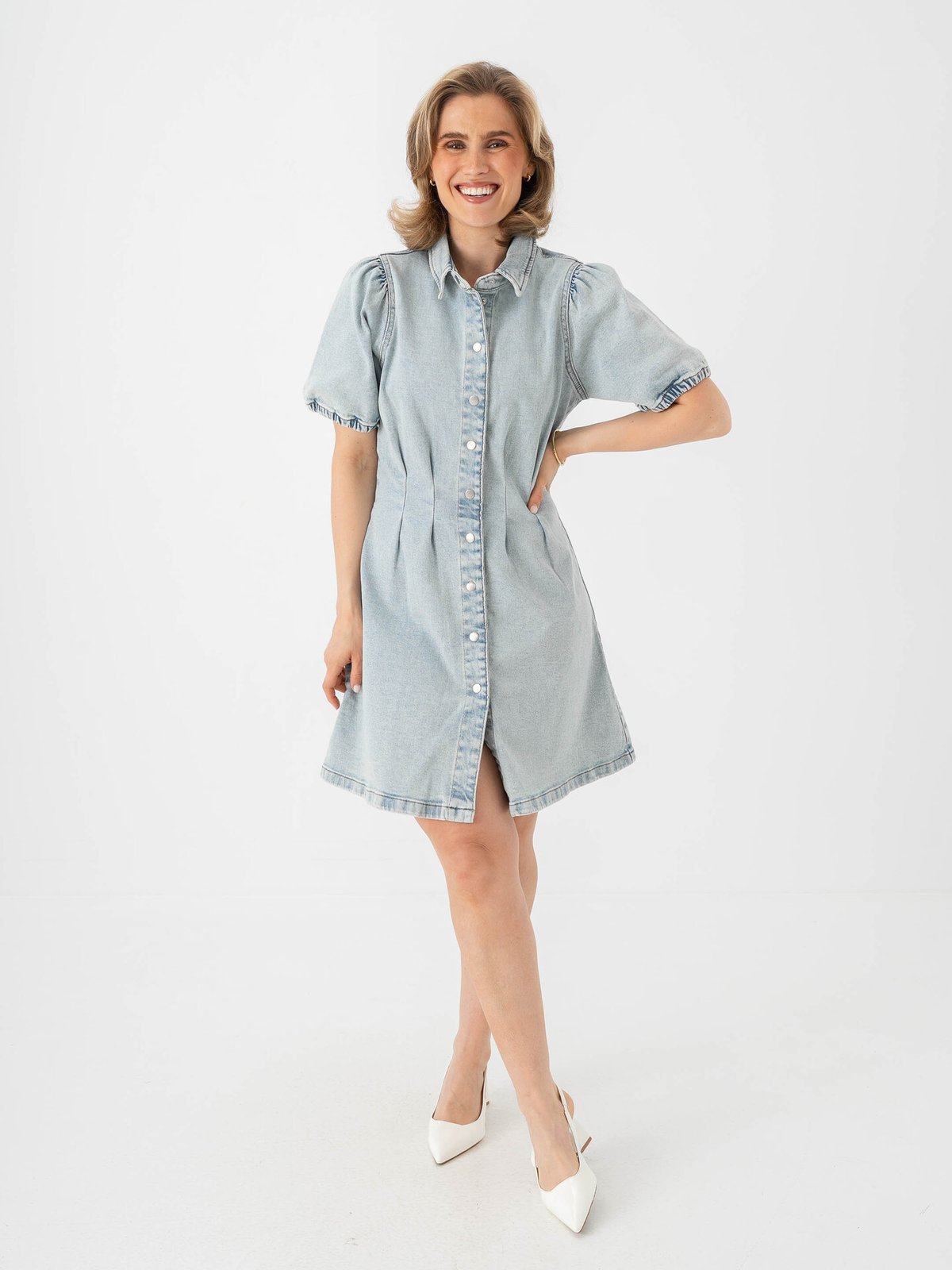 Vila Sol Long Sleeve Pleat Denim Dress Light Blue Denim