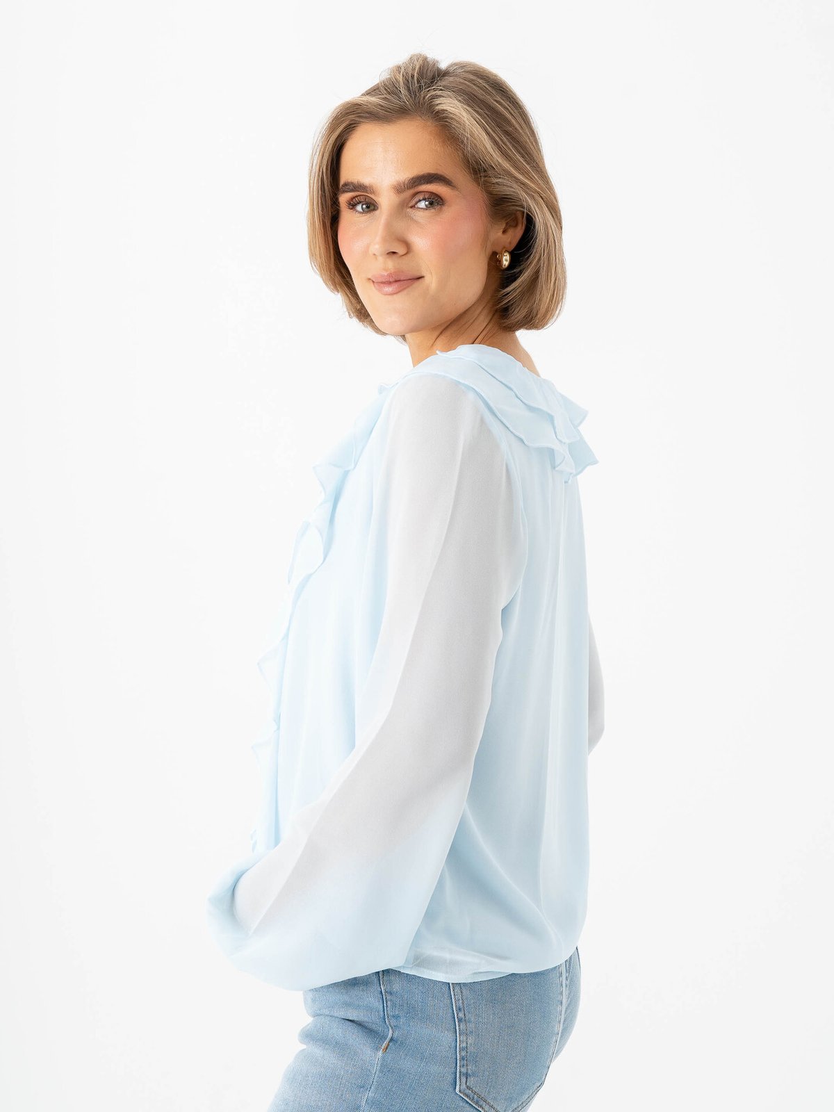Vila Ane Long Sleeve V-Neck Frill Top Nantucket Breeze