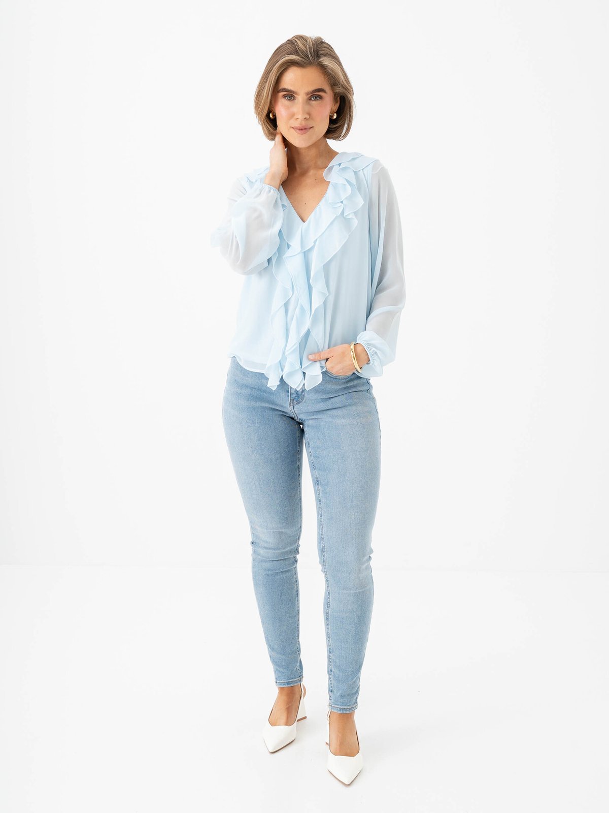 Vila Ane Long Sleeve V-Neck Frill Top Nantucket Breeze