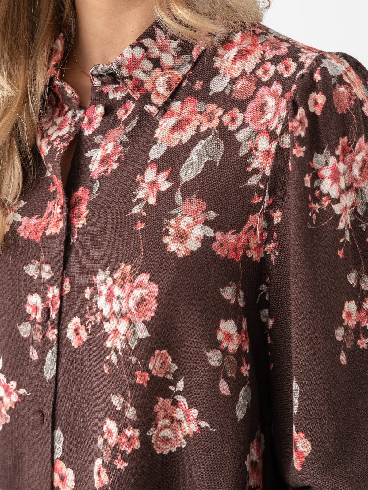 Vila Elma Bai Long Sleeve Shirt Coffee Bean Flowers