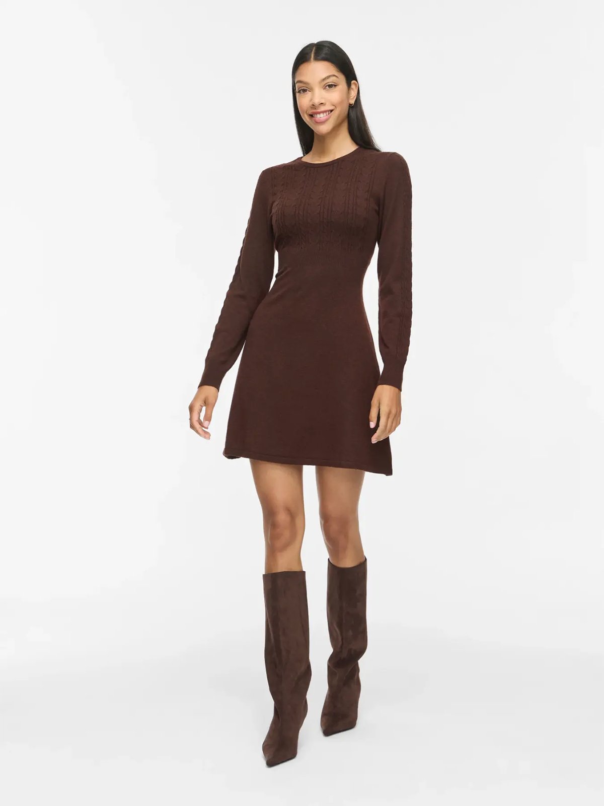 Vila Kerry O-Neck Long Sleeve Cable Knit Dress Coffee Bean