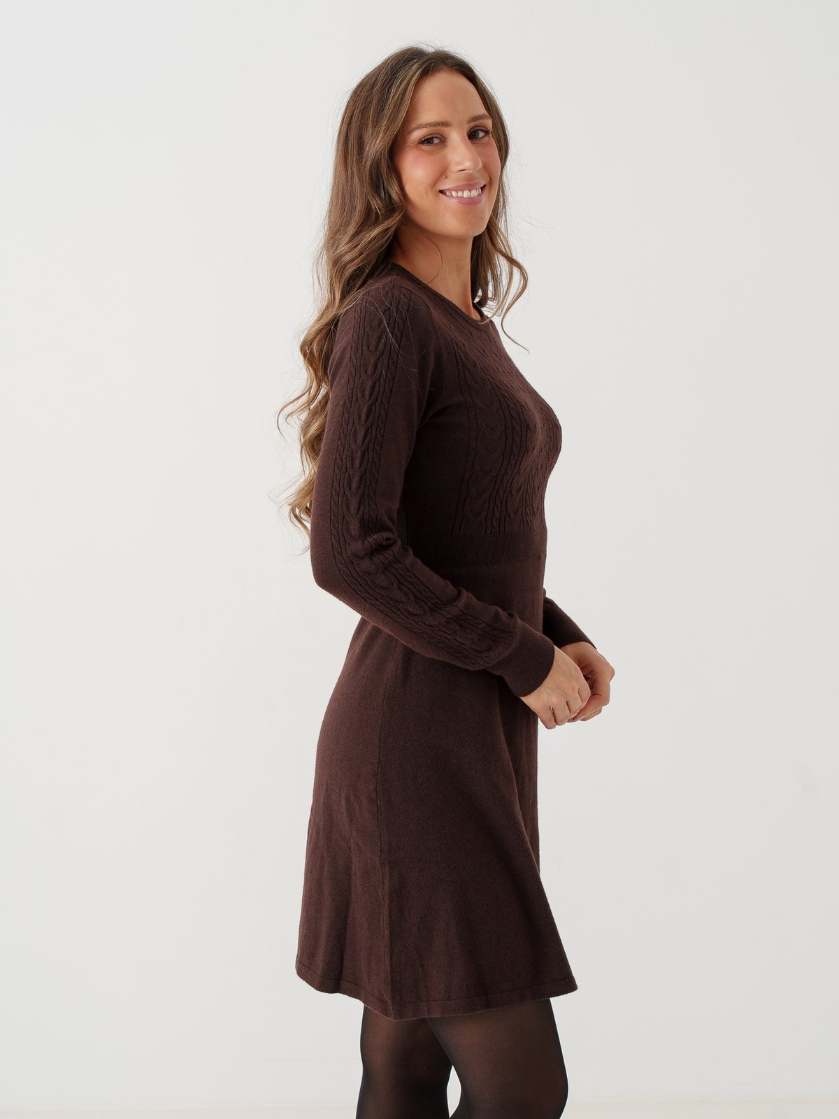 Vila Kerry O-Neck Long Sleeve Cable Knit Dress Coffee Bean