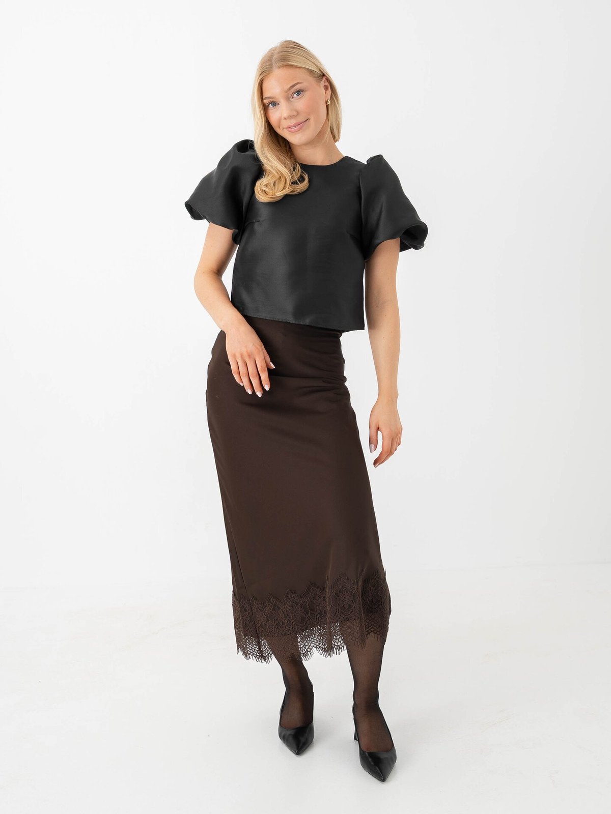 Vila Ellette High Waist Ankle Lace Skirt Coffee Bean