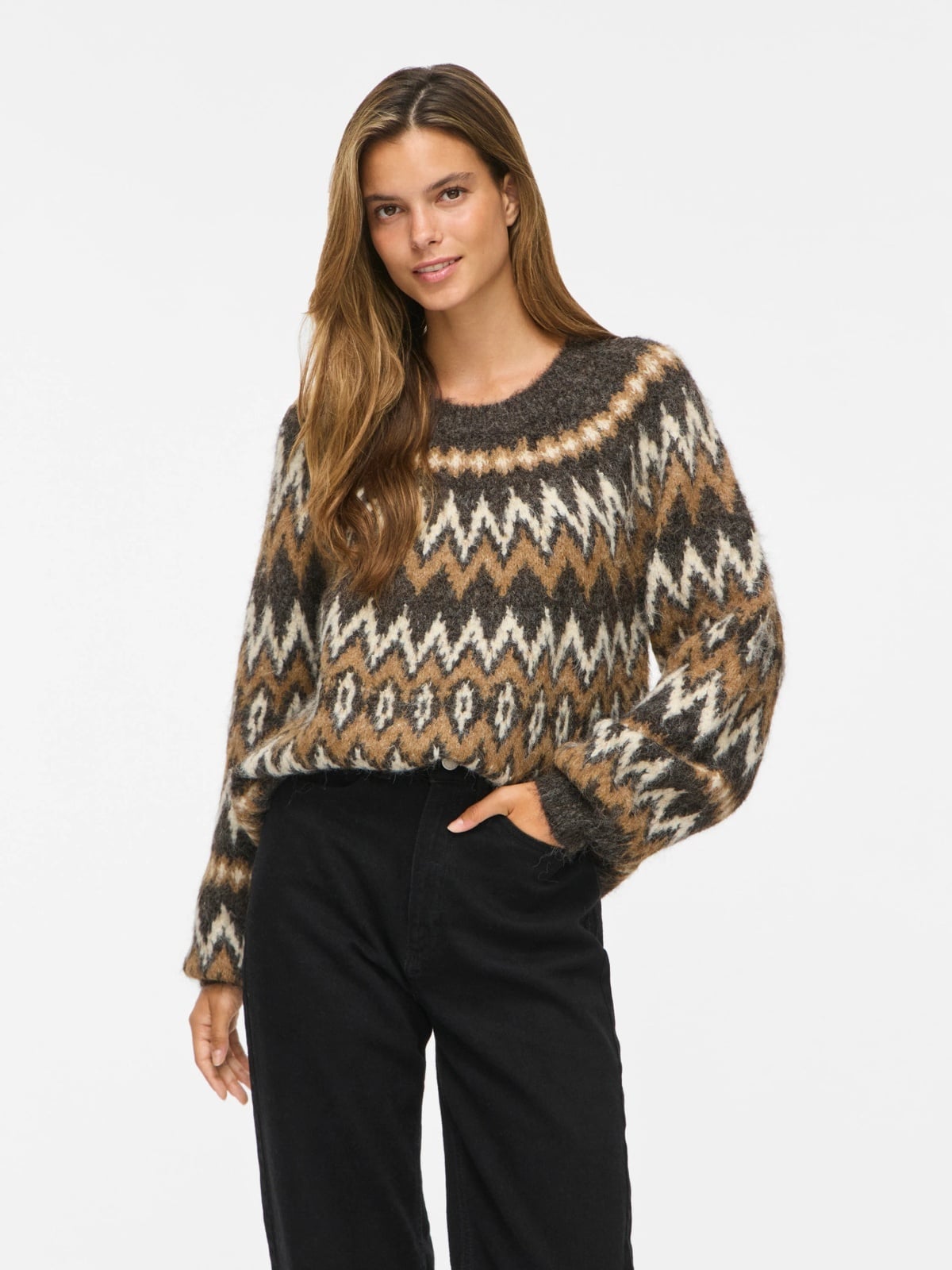 Vila Bows O-Neck Long Sleeve Jaquard Knit Top Coffee Bean