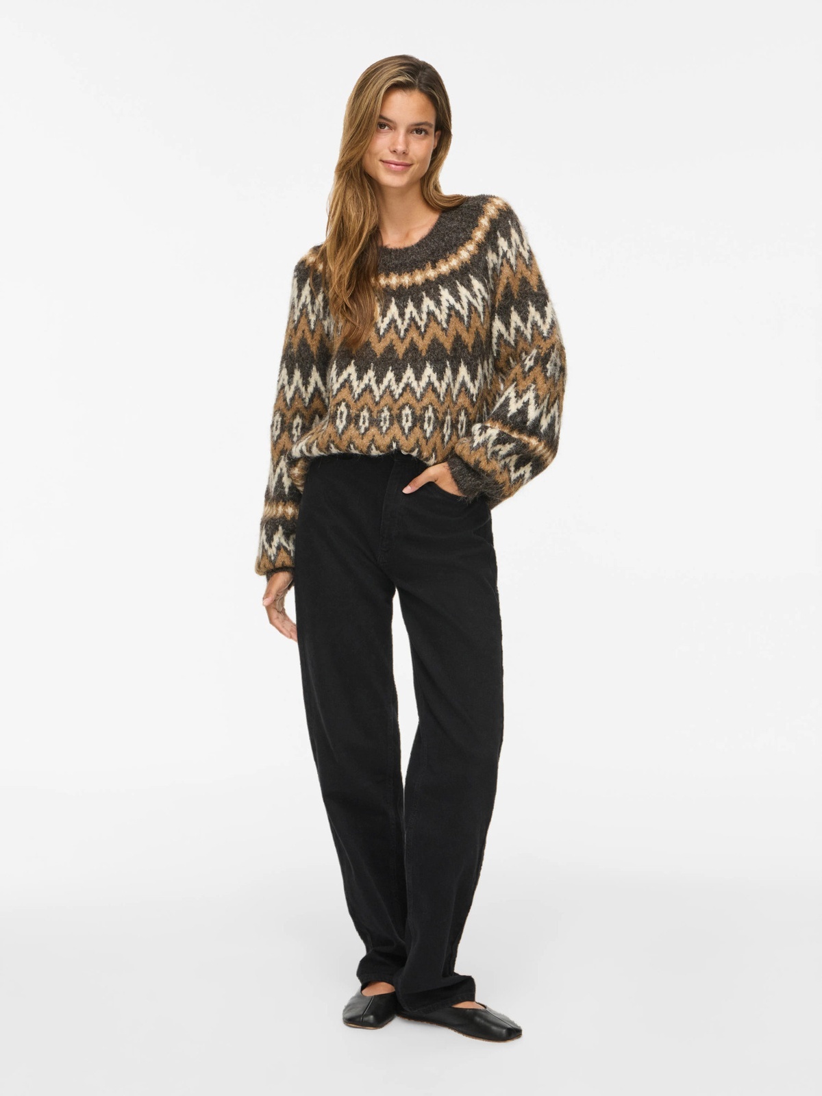 Vila Bows O-Neck Long Sleeve Jaquard Knit Top Coffee Bean