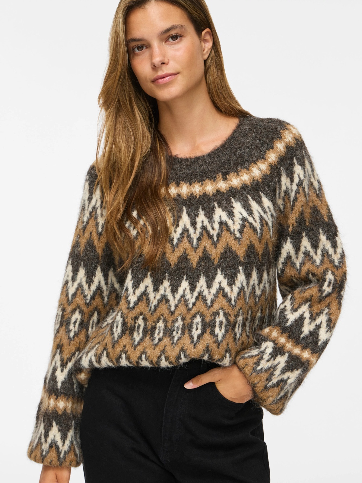 Vila Bows O-Neck Long Sleeve Jaquard Knit Top Coffee Bean
