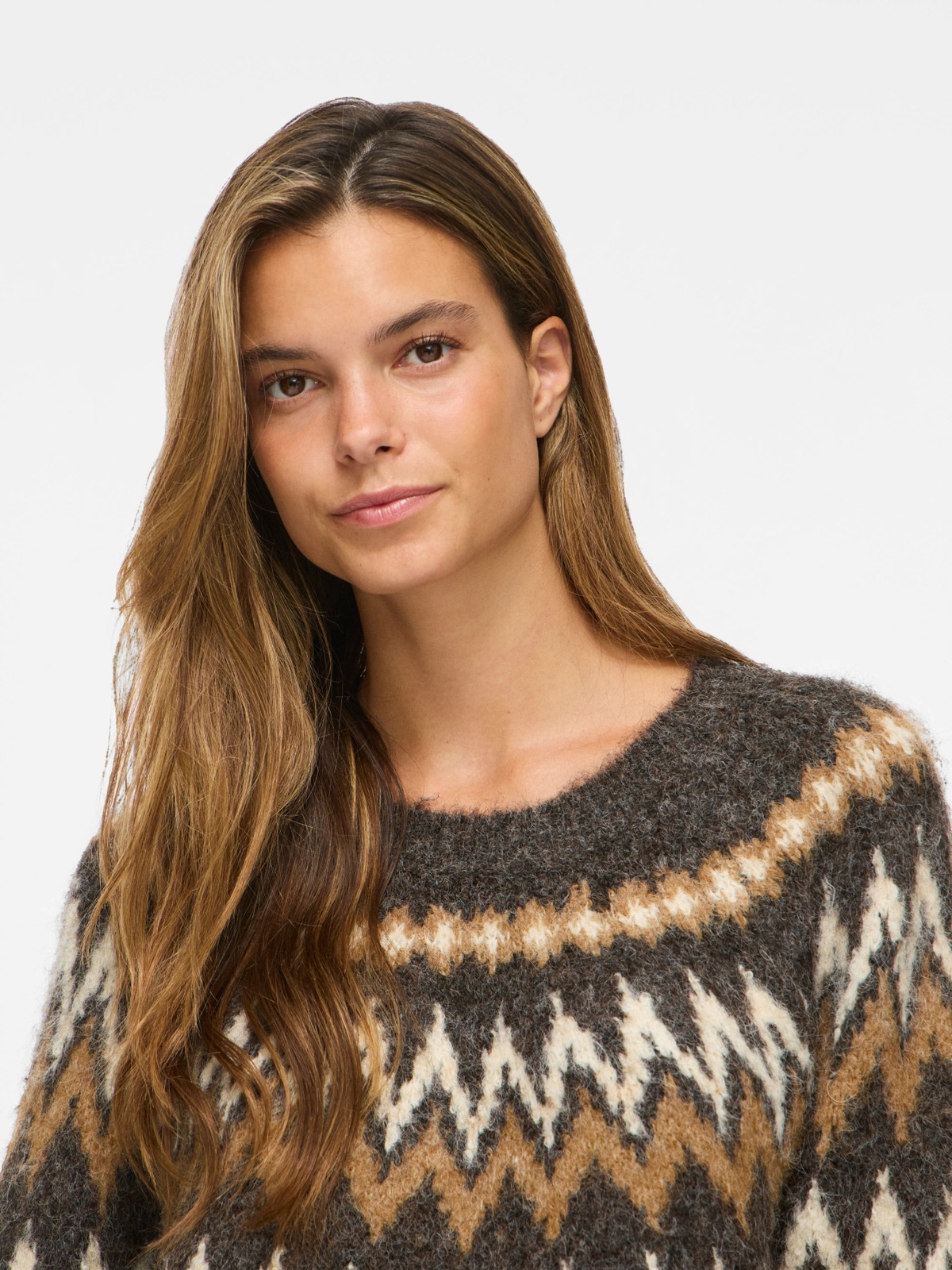Vila Bows O-Neck Long Sleeve Jaquard Knit Top Coffee Bean