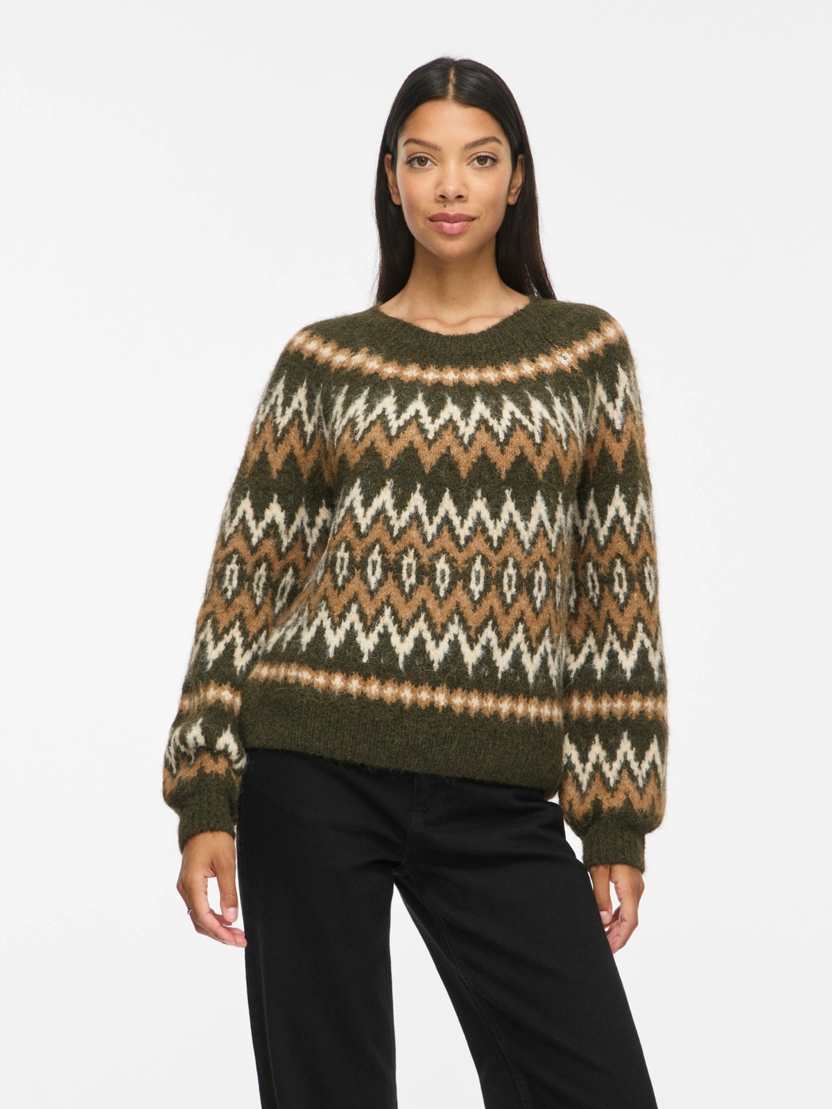 Vila Bows O-Neck Long Sleeve Jaquard Knit Top Forest Night