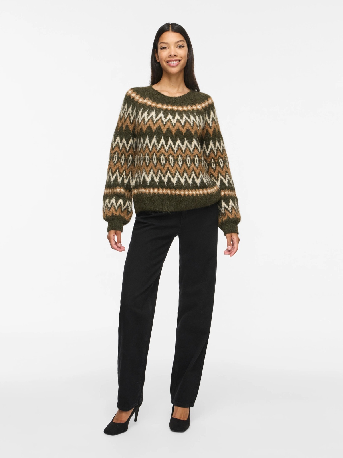 Vila Bows O-Neck Long Sleeve Jaquard Knit Top Forest Night