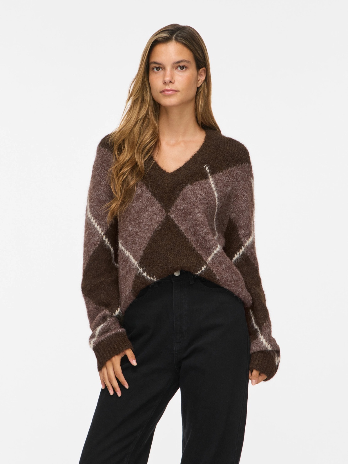 Vila Tolise V-neck Long Sleeve Check Knit Top Coffee Bean DARK NATURAL MELANGE/BIRCH