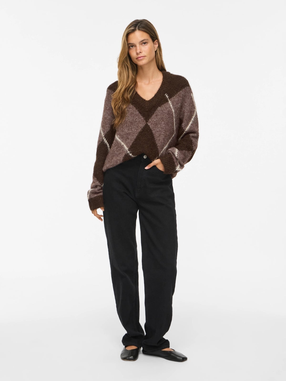 Vila Tolise V-neck Long Sleeve Check Knit Top Coffee Bean DARK NATURAL MELANGE/BIRCH