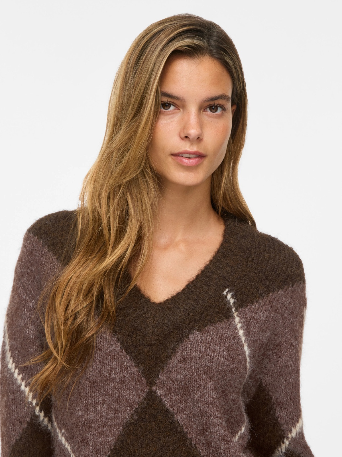 Vila Tolise V-neck Long Sleeve Check Knit Top Coffee Bean DARK NATURAL MELANGE/BIRCH