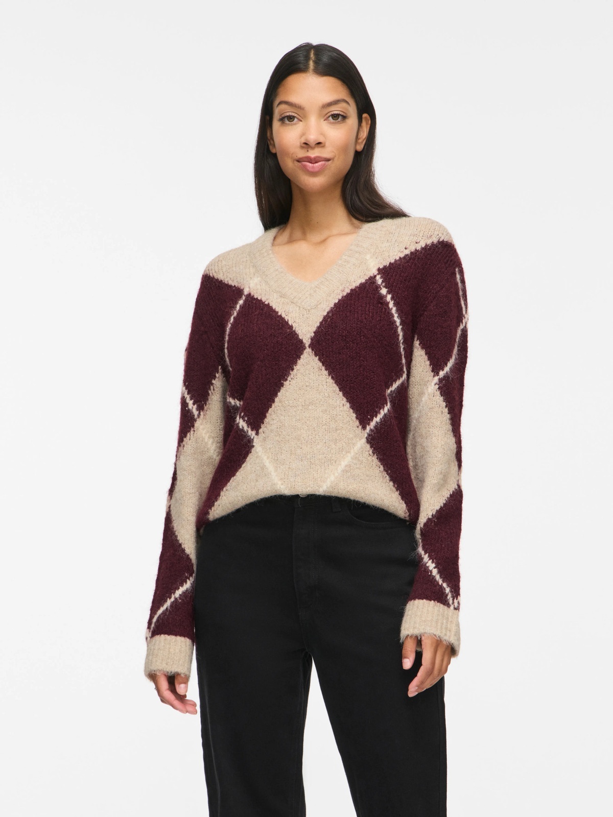 Vila Tolise V-neck Long Sleeve Check Knit Top Natural Melange PORT ROYALE/BIRCH