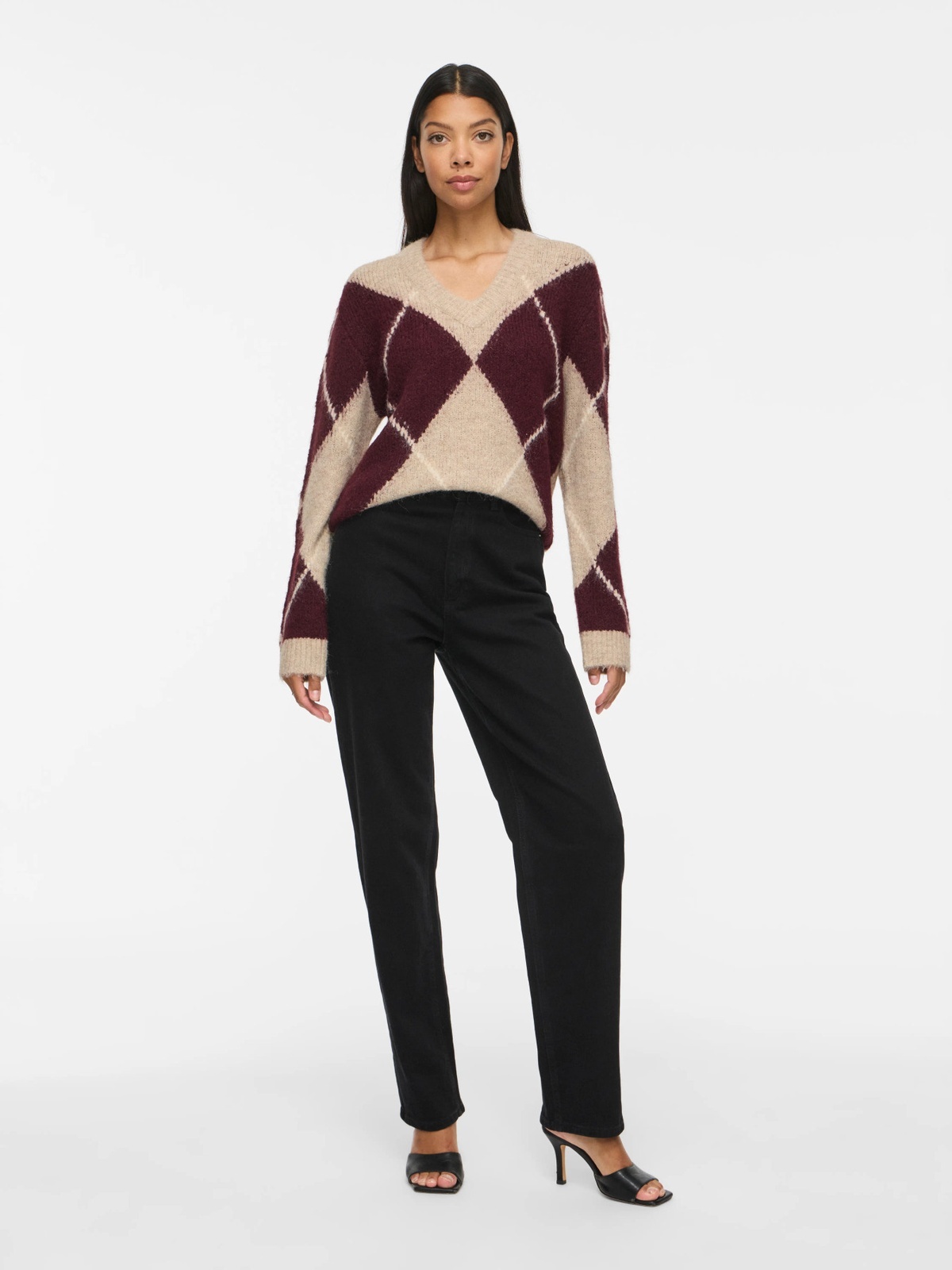 Vila Tolise V-neck Long Sleeve Check Knit Top Natural Melange PORT ROYALE/BIRCH