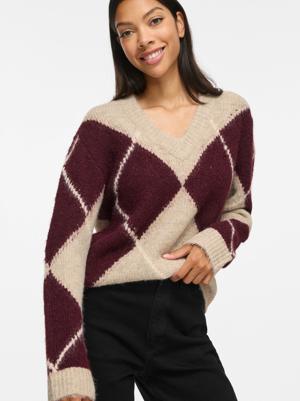 Vila Tolise V-neck Long Sleeve Check Knit Top Natural Melange PORT ROYALE/BIRCH