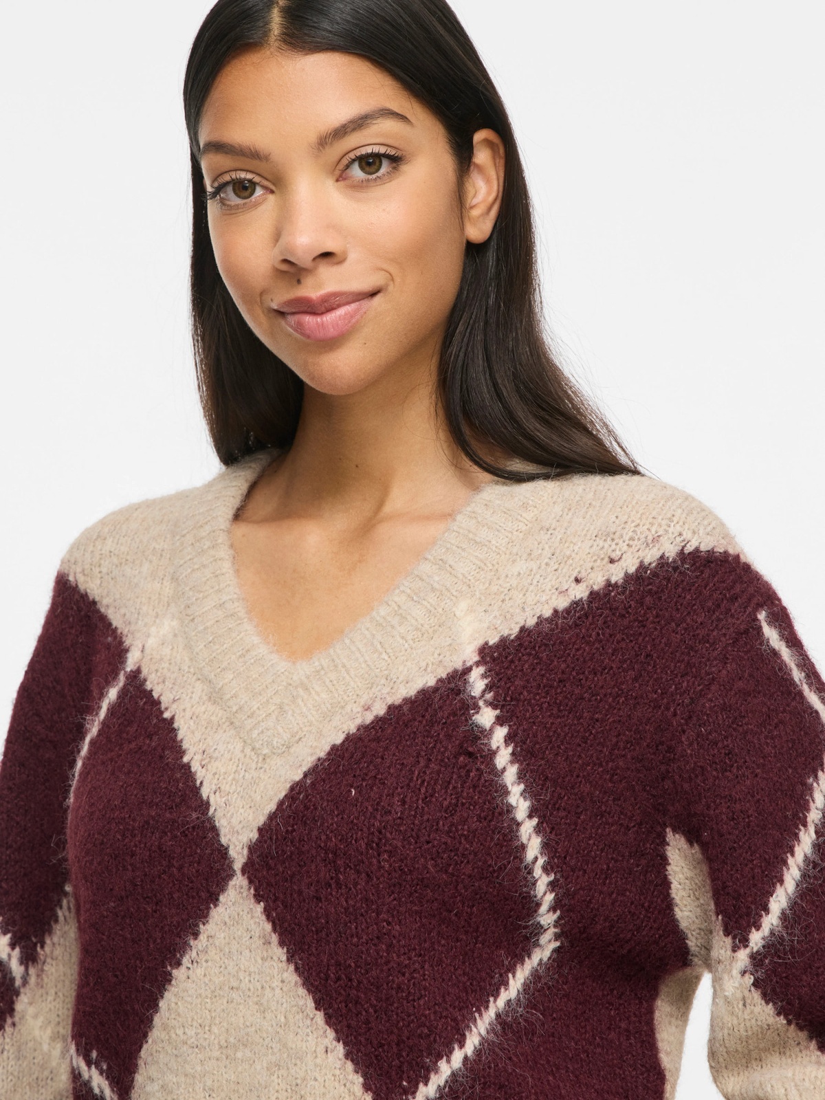 Vila Tolise V-neck Long Sleeve Check Knit Top Natural Melange PORT ROYALE/BIRCH