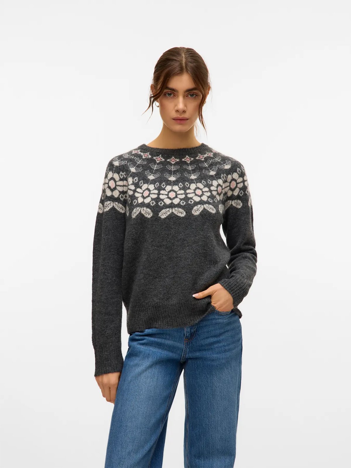 Vero Moda Simone Long Sleeve Nordic Pullover Dark Grey Melange W. Birch + Rose E/Flower