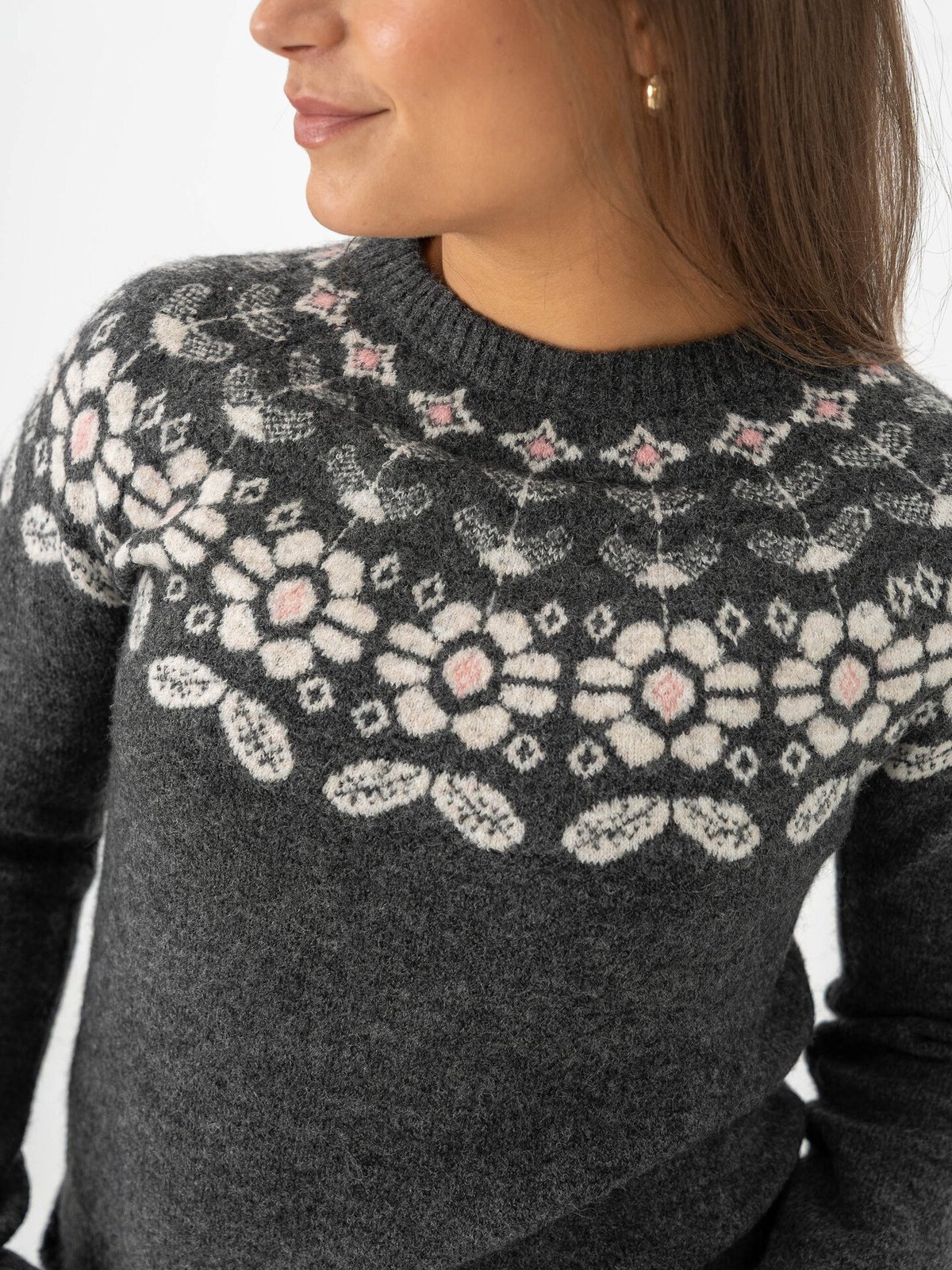 Vero Moda Simone Long Sleeve Nordic Pullover Dark Grey Melange W. Birch + Rose E/Flower