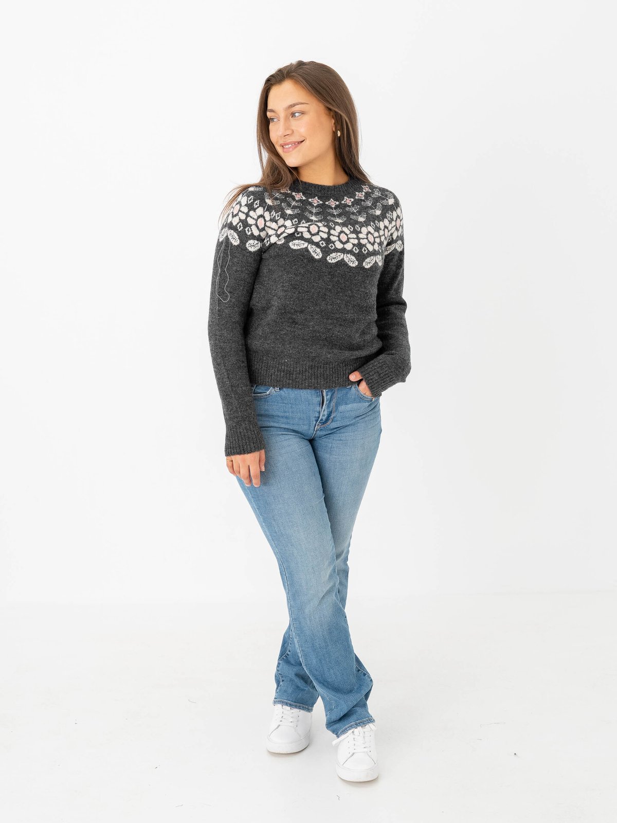 Vero Moda Simone Long Sleeve Nordic Pullover Dark Grey Melange W. Birch + Rose E/Flower