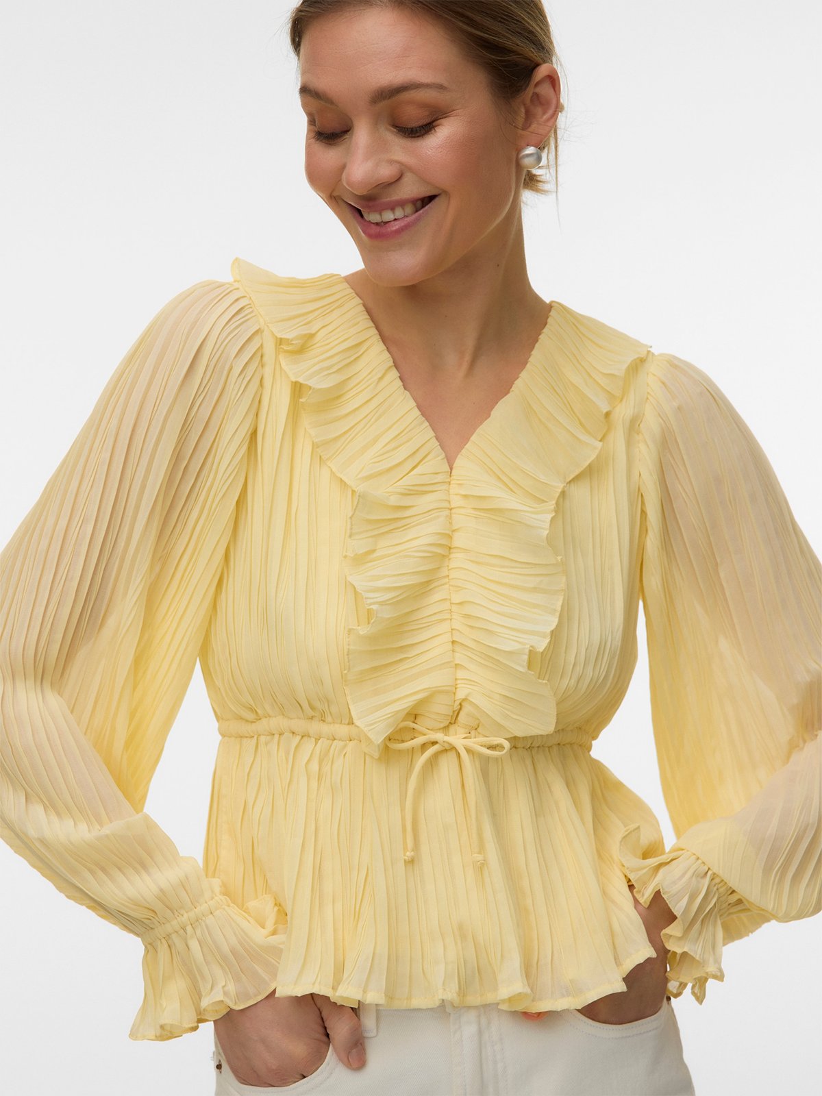 Vero Moda Dora Long Sleeve Frill Pleat Top Flan