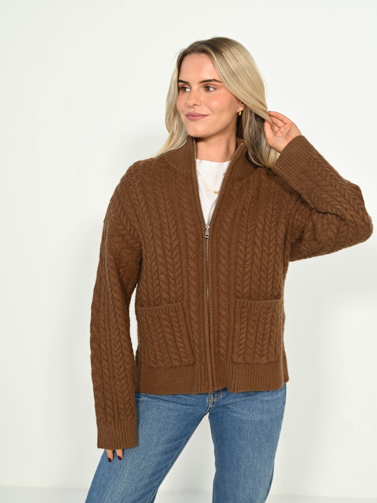 Vero Moda Esther Long Sleeve Highneck Zip Cardigan Pinecone