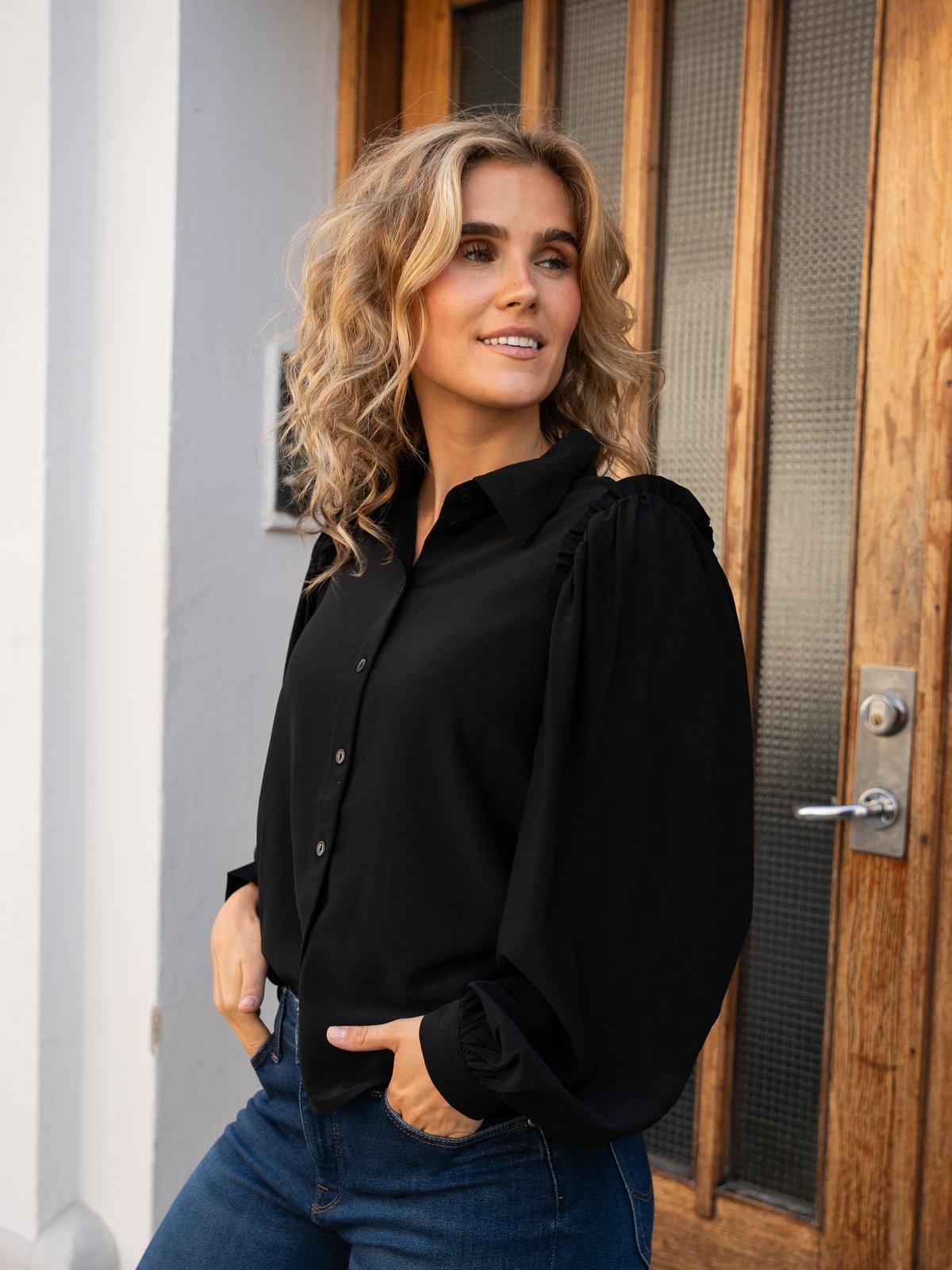 Vero Moda Ani Long Sleeve Frill Shirt Black