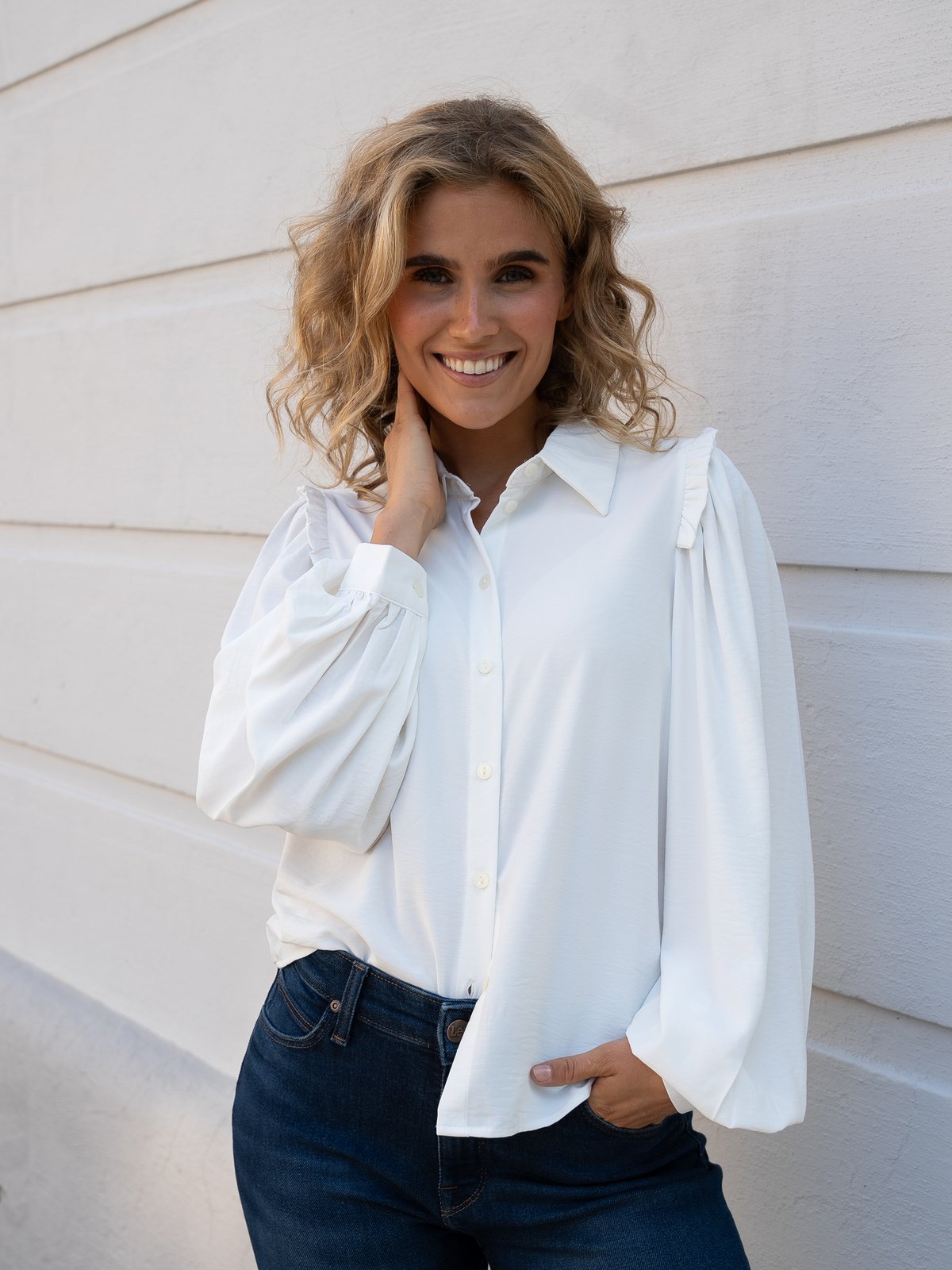 Vero Moda Ani Long Sleeve Frill Shirt Snow White