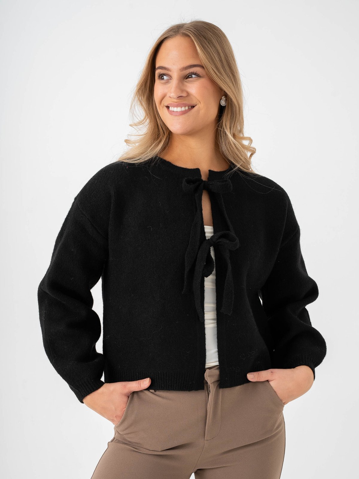 Vero Moda Bow Long Sleeve O-neck Tie Cardigan Black