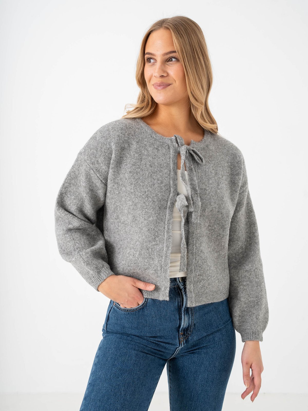 Vero Moda Bow Long Sleeve O-neck Tie Cardigan Medium Grey Melange