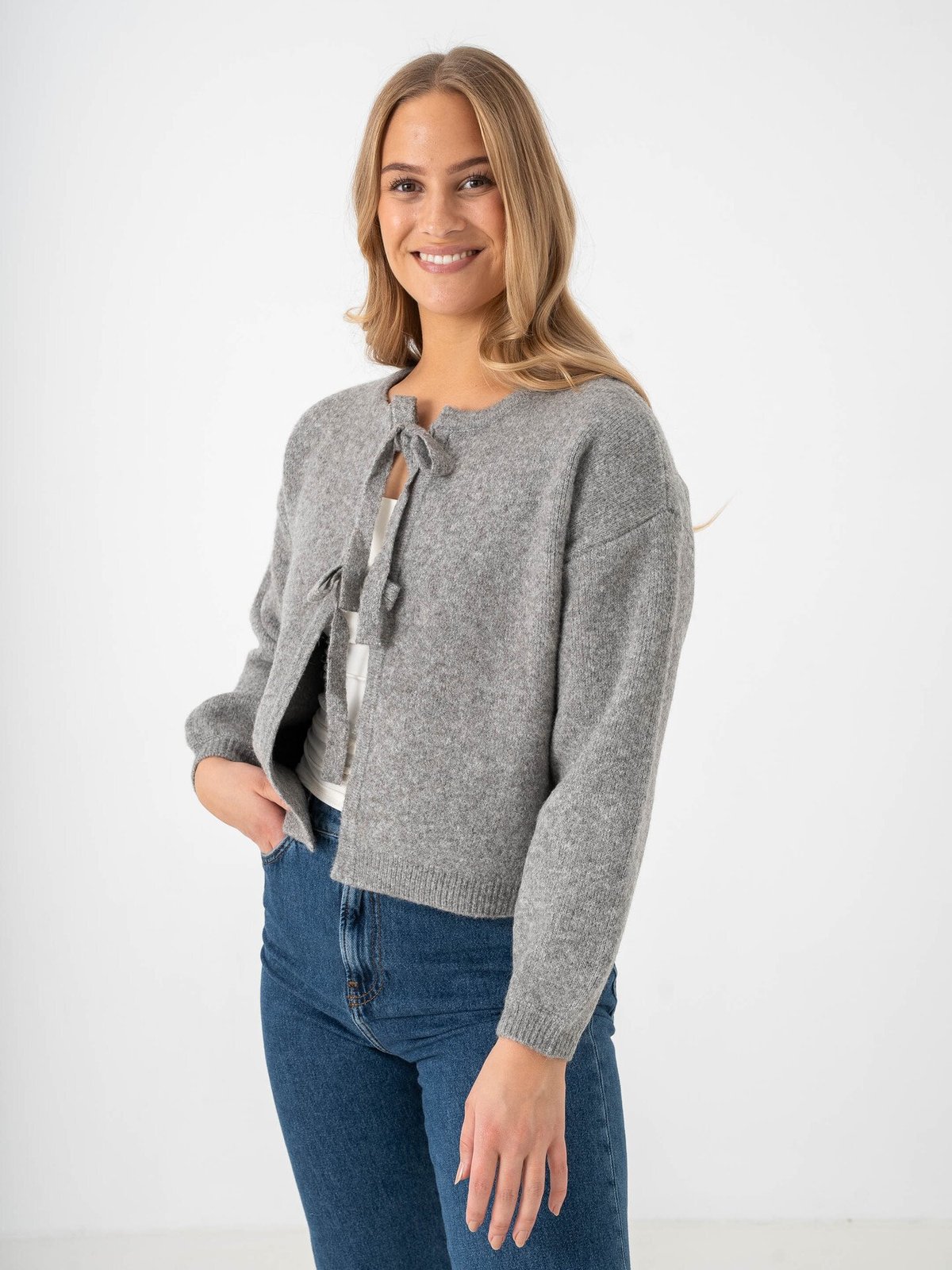 Vero Moda Bow Long Sleeve O-neck Tie Cardigan Medium Grey Melange