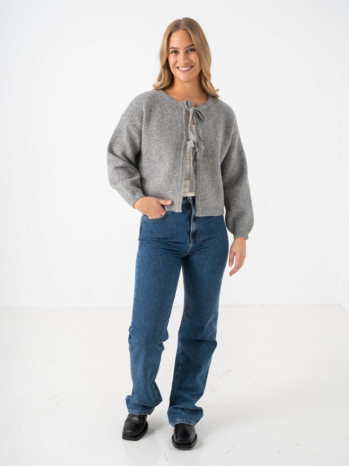 Vero Moda Bow Long Sleeve O-neck Tie Cardigan Medium Grey Melange