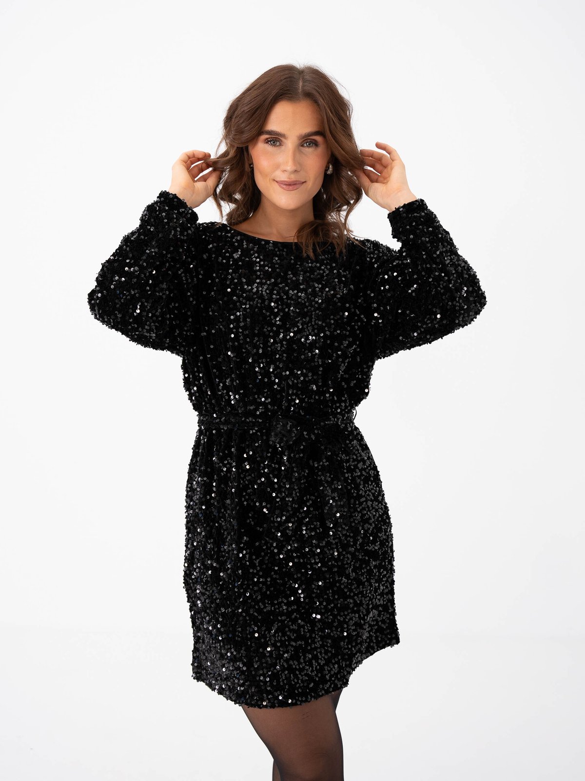 Vero Moda Bella Long Sleeve Boatneck Short Dress Black Sequins
