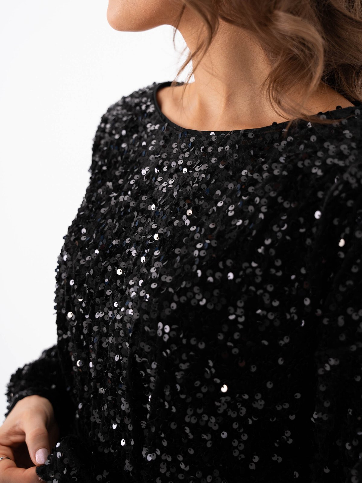 Vero Moda Bella Long Sleeve Boatneck Short Dress Black Sequins