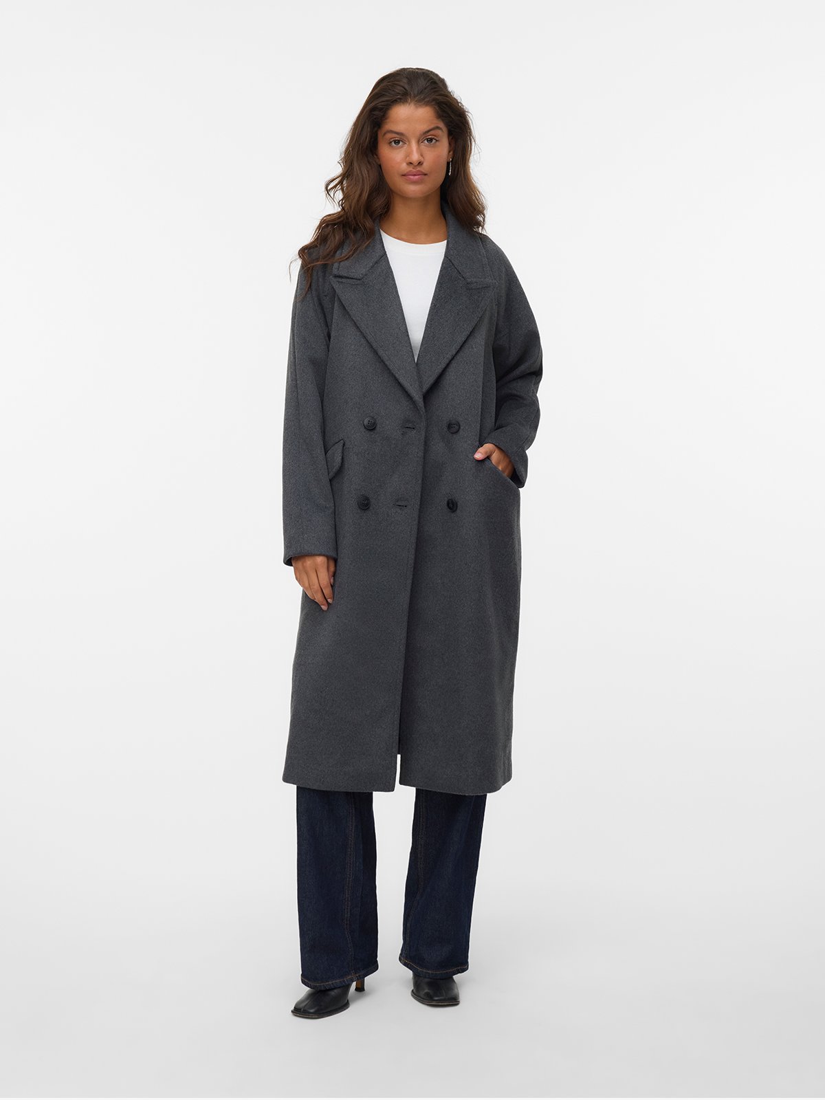 Vero Moda Harper Long Wool Coat Dark Grey Melange