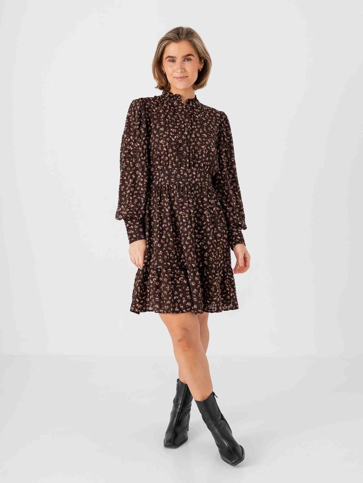 Vero Moda Aware Noelle Long Sleeve High Neck Short Dress Chocolate Torte Rose Elegance