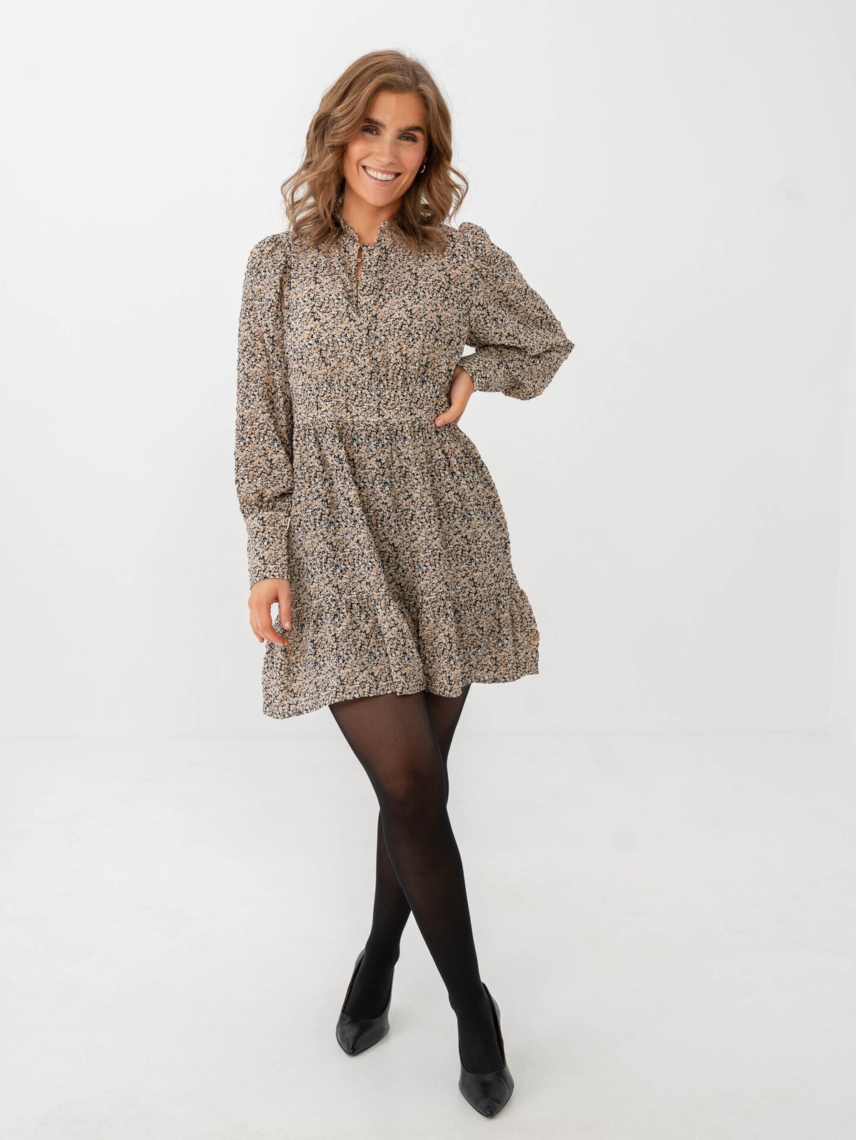 Vero Moda Aware Noelle Long Sleeve High Neck Short Dress Salute All Over Print Leona