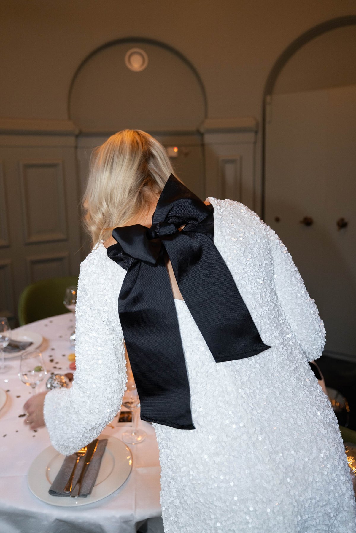 Vero Moda Etta Long Sleeve Boatneck Short Bow Dress Snow White Sequins