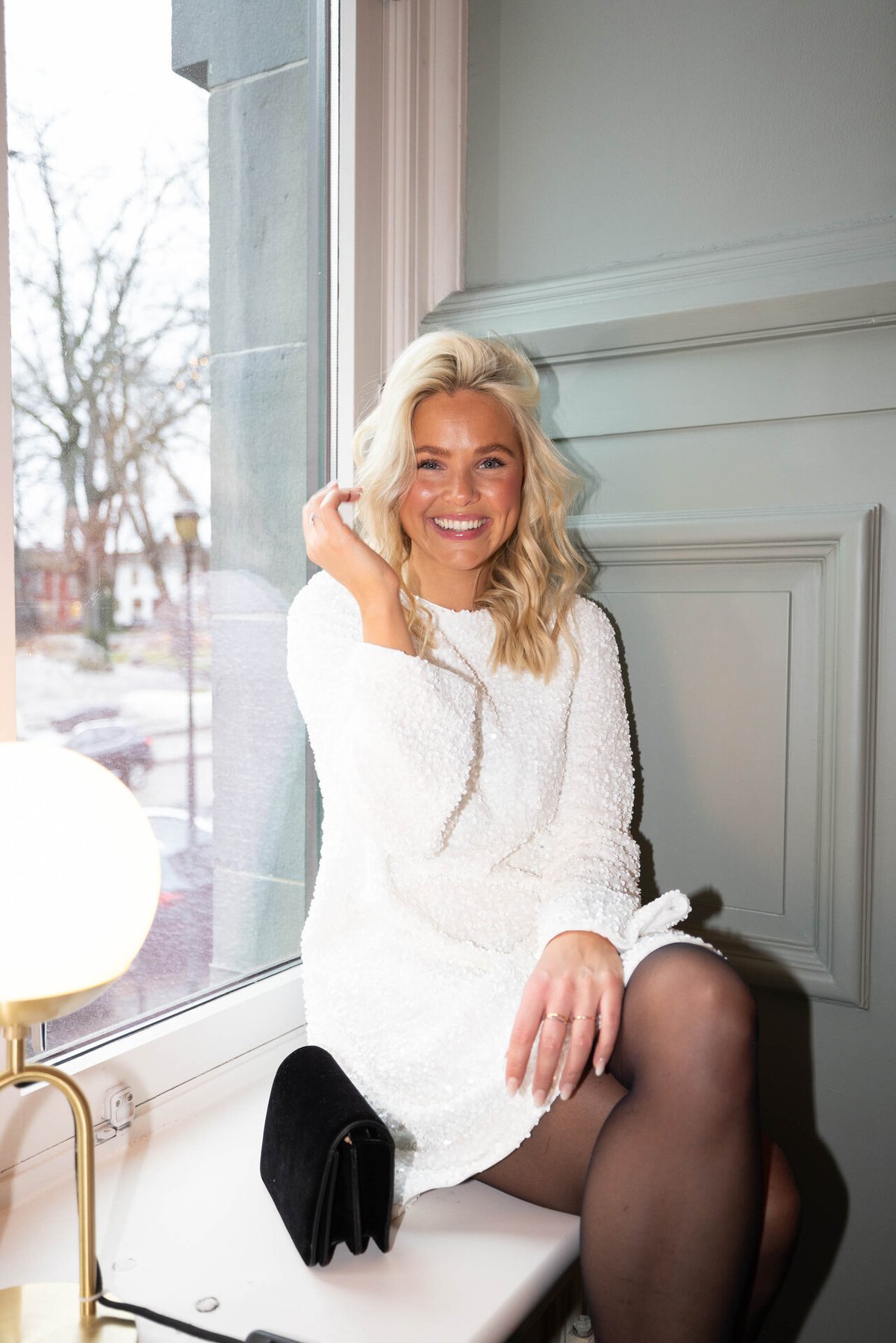 Vero Moda Etta Long Sleeve Boatneck Short Bow Dress Snow White Sequins