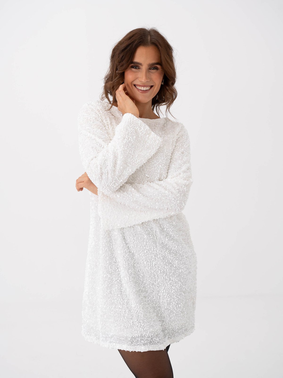 Vero Moda Etta Long Sleeve Boatneck Short Bow Dress Snow White Sequins