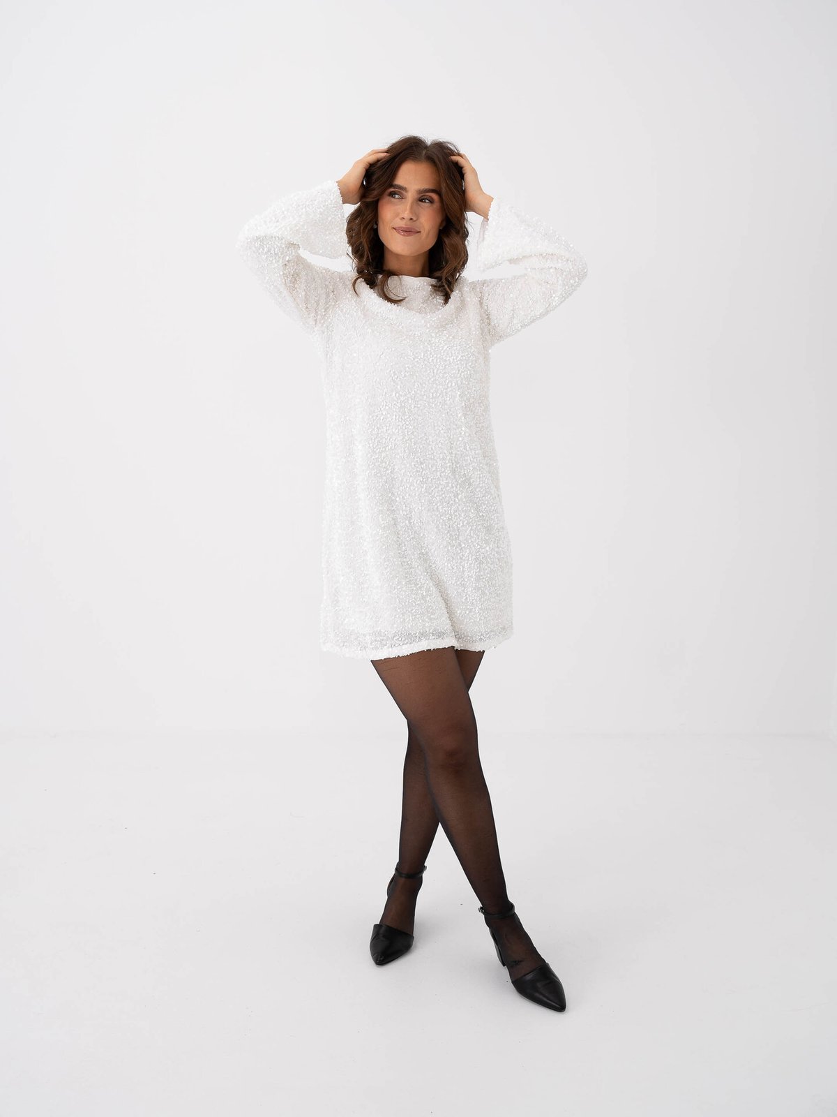 Vero Moda Etta Long Sleeve Boatneck Short Bow Dress Snow White Sequins