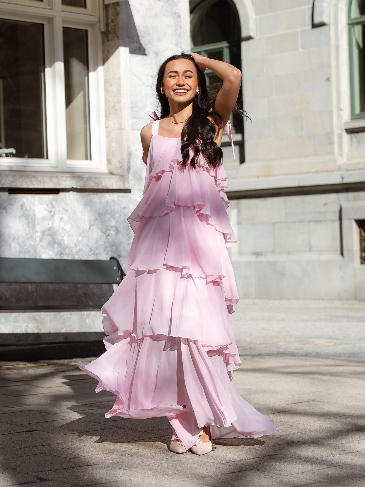 Vero Moda Felicia Tiestrap Ruffle Maxi Dress Cherry Blossom