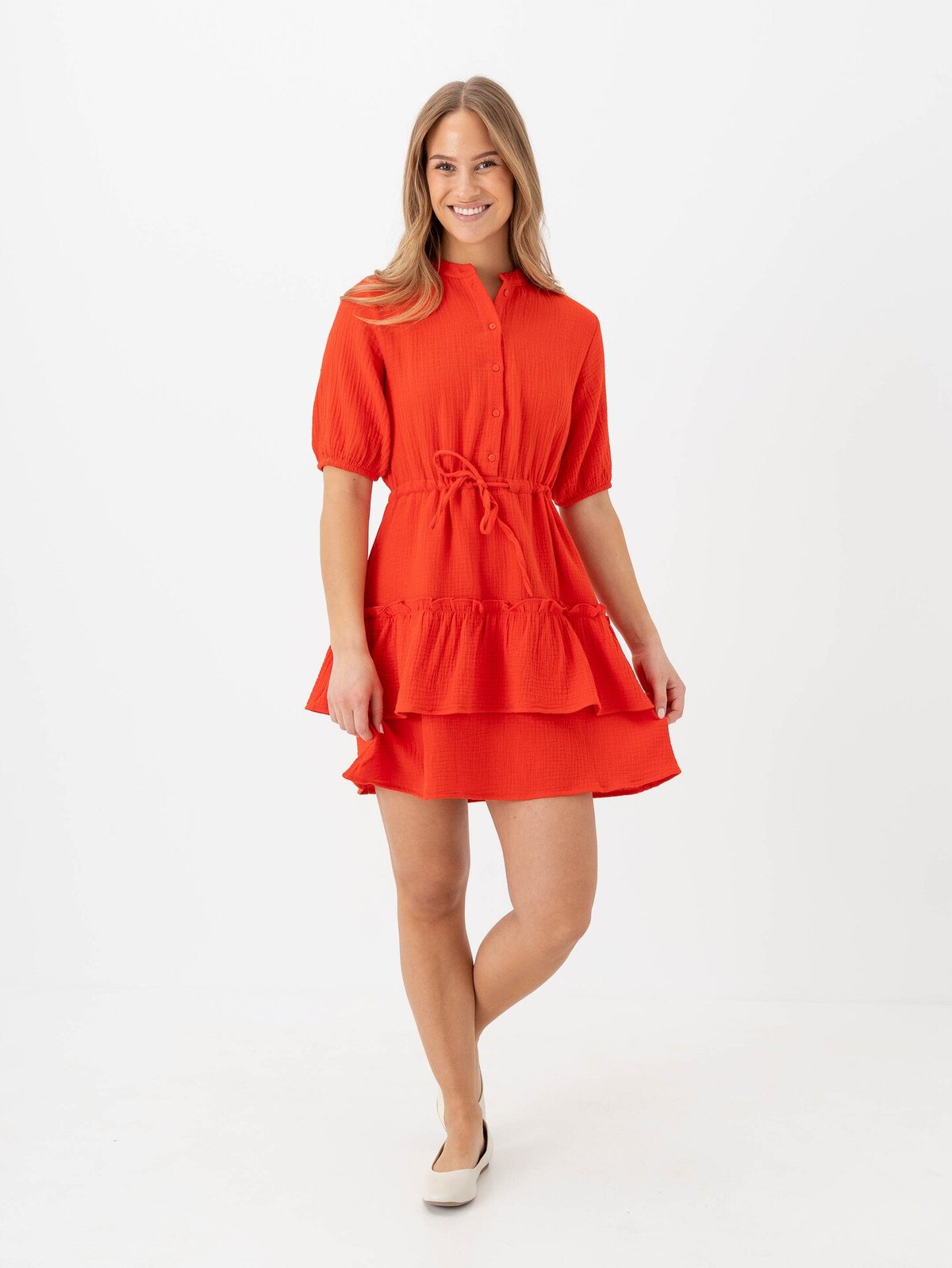 Vero Moda Natti Short Sleeve V-Neck Short Dress Fiery Red