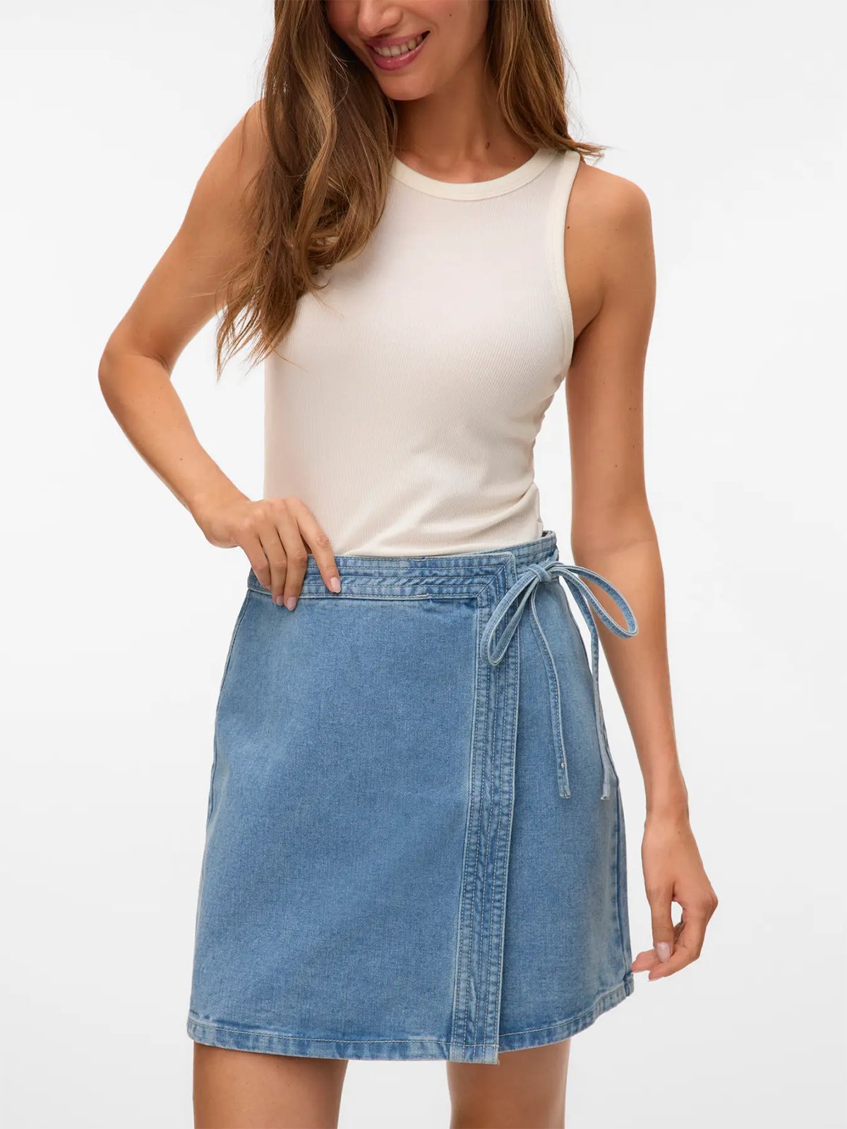 Vero Moda Liza Mid Rise Short Denim Wrap Skirt Medium Blue Denim