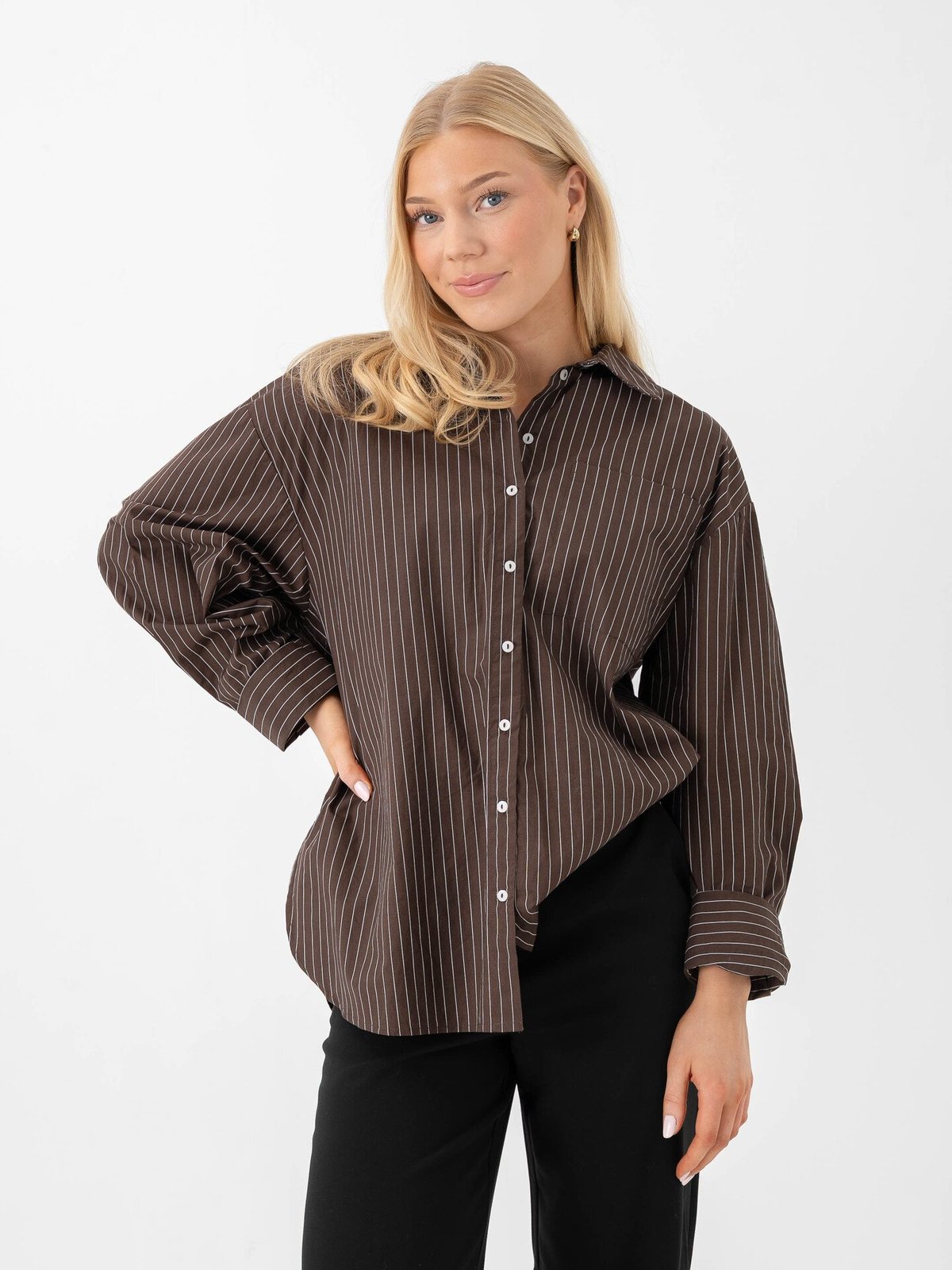 Vero Moda Fanni Long Sleeve Shirt Chocolate Brown SNOW WHITE PINSTRIPE